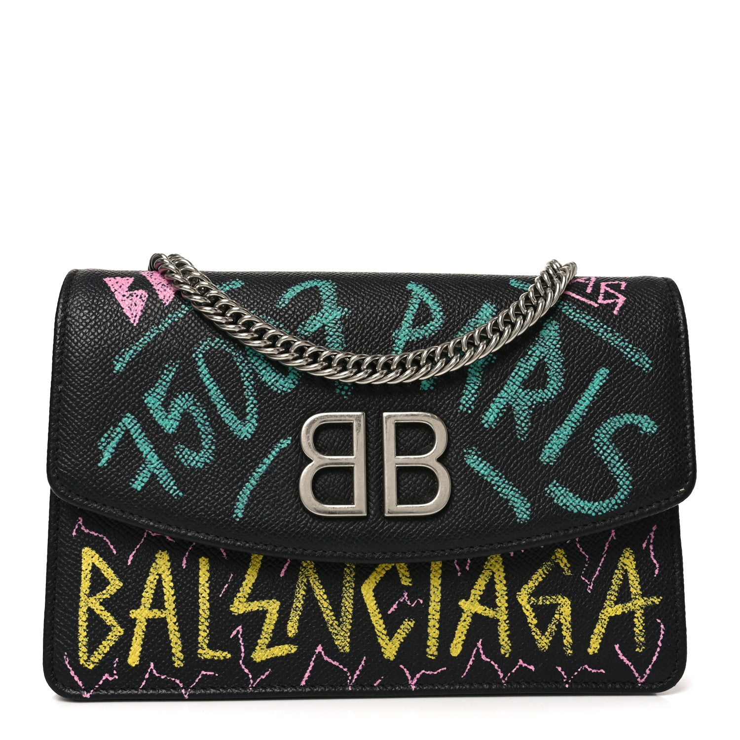 Balenciaga Grained Calfskin Graffiti BB Wallet On Chain Black