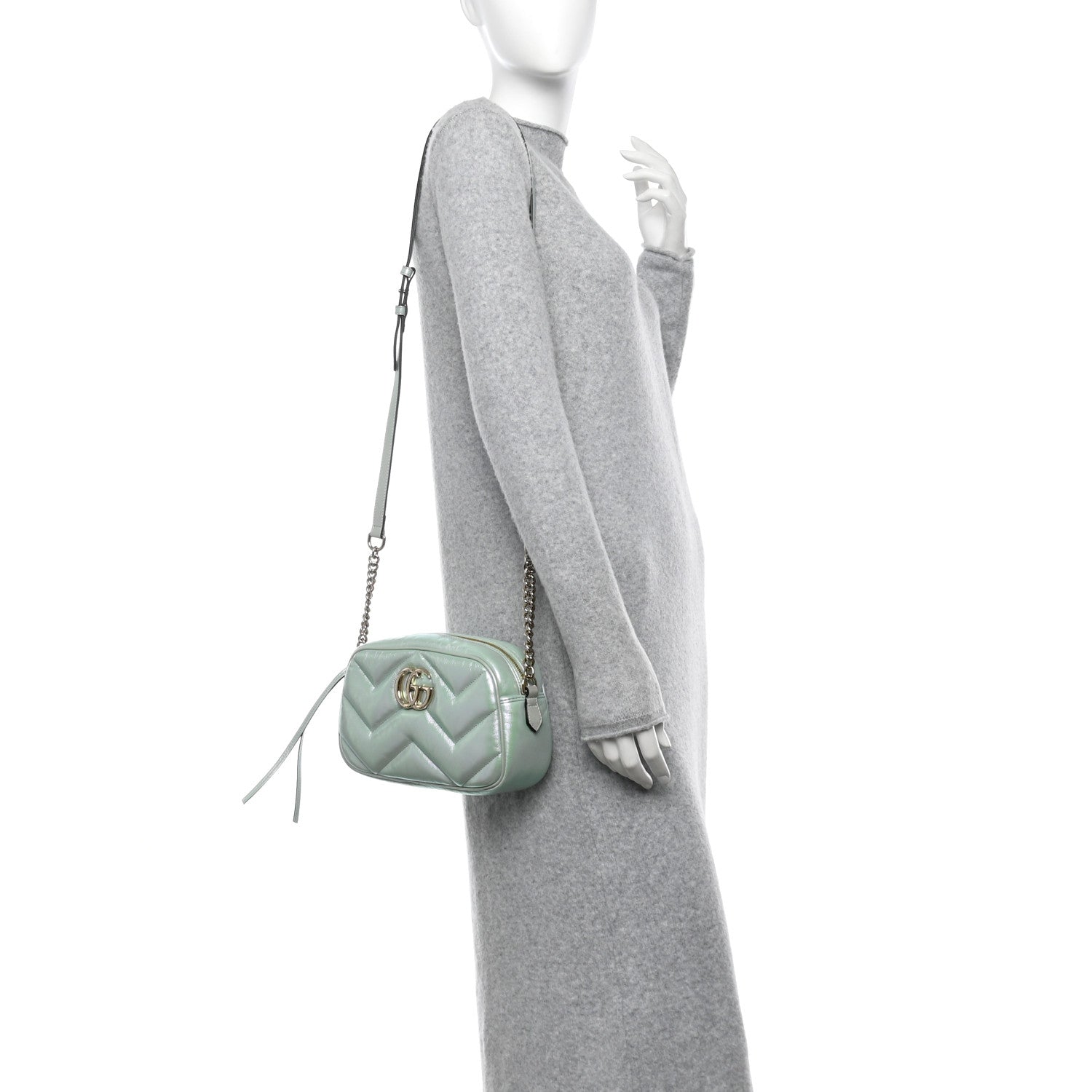 Gucci Iridescent Nappa Chevron Matelasse Small GG Marmont Chain Shoulder Bag Iridescent Salvy Green 2 of 11