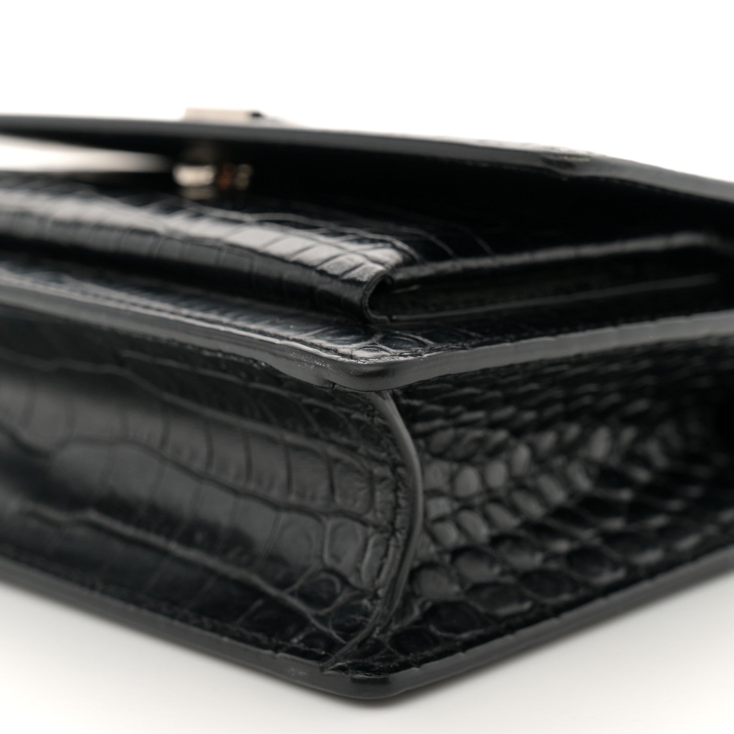 Saint Laurent Calfskin Crocodile Embossed Monogram Sunset Chain Wallet Black 9 of 13