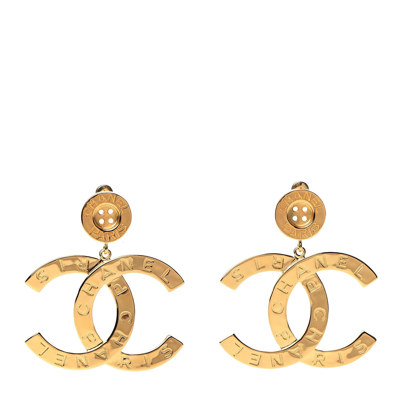 Chanel Metal Large Paris Button Earrings Gold 1 of 5