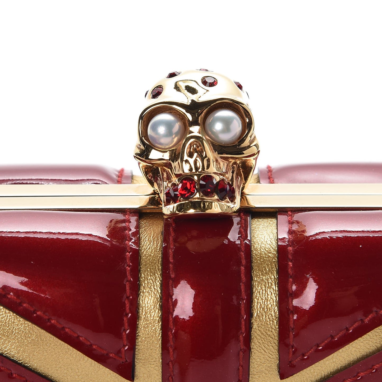 Patent Calfskin Britannia Skull Box Clutch Red Gold