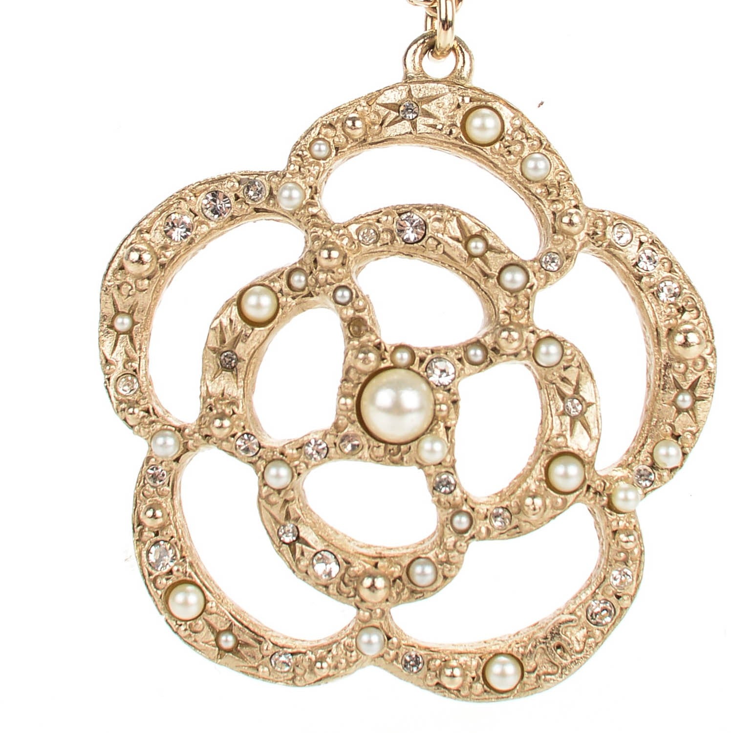 Chanel Pearl Crystal Large Camellia Pendant Necklace Light Gold 3 of 7