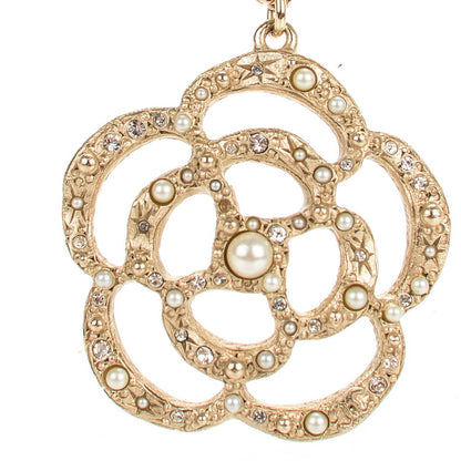 Chanel Pearl Crystal Large Camellia Pendant Necklace Light Gold 3 of 7