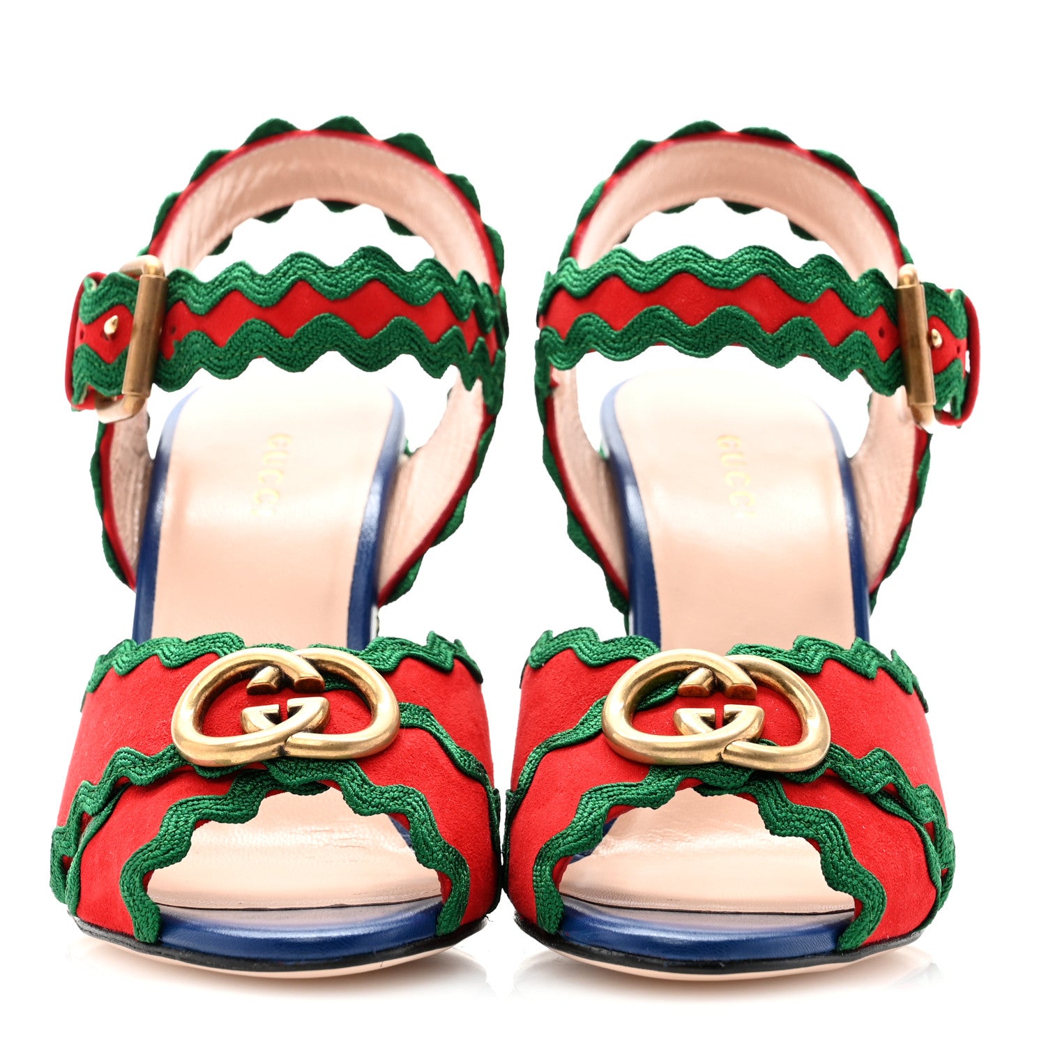 Gucci Kid Scamosciato Interlocking G Wavy Colorblock Wedge Sandals 38 Hibiscus Red Emerald 2 of 9