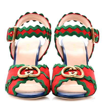 Gucci Kid Scamosciato Interlocking G Wavy Colorblock Wedge Sandals 38 Hibiscus Red Emerald 2 of 9