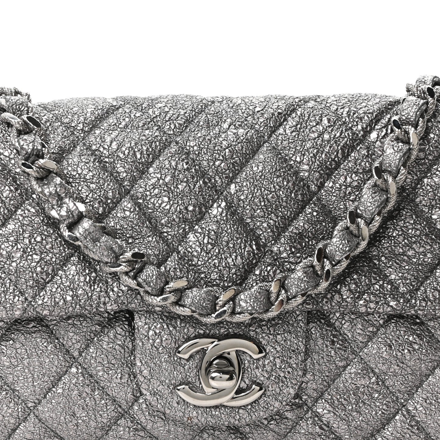 Metallic Crackled Calfskin Quilted East West Flap Dark Silver
