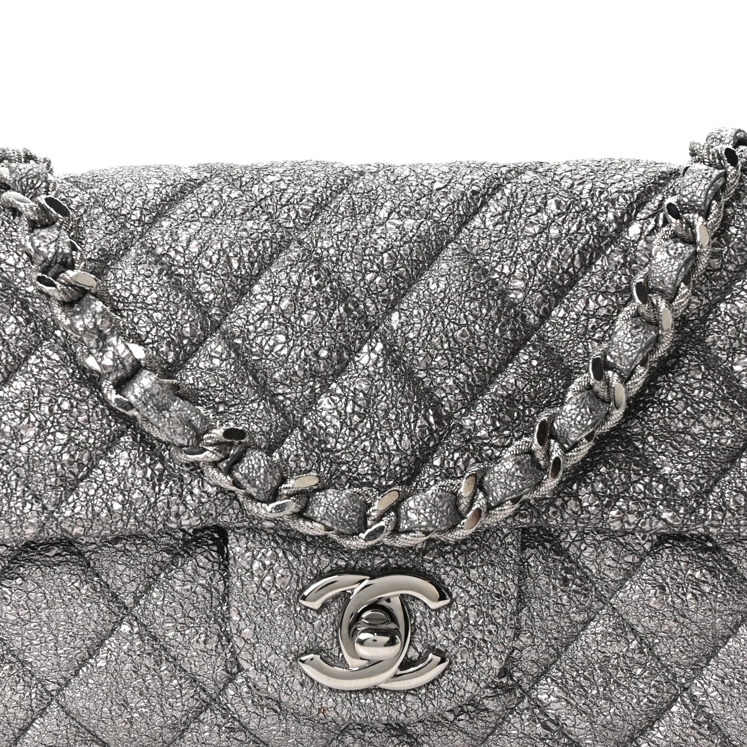 Chanel Metallic Crackled Calfskin Quilted East West Flap Dark Silver 8 of 10