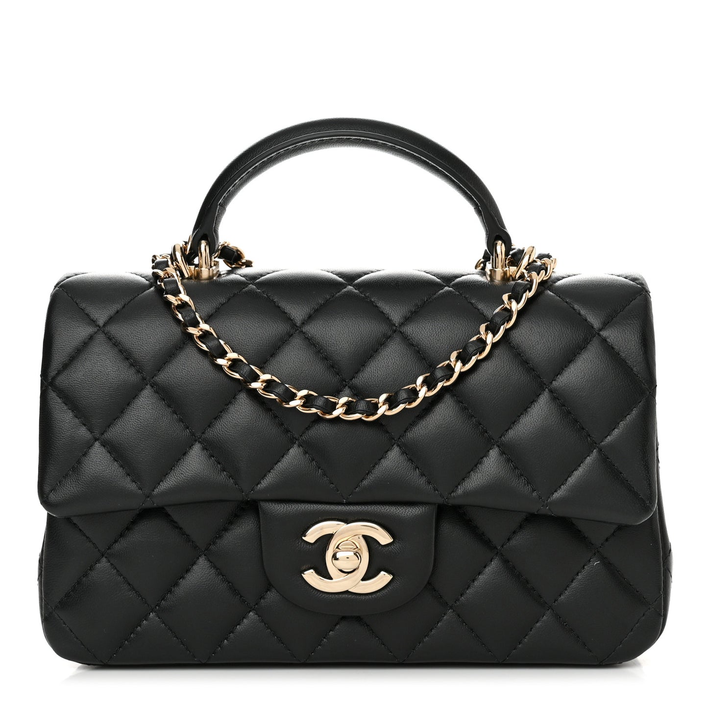 Lambskin Quilted Mini Top Handle Rectangular Flap Black