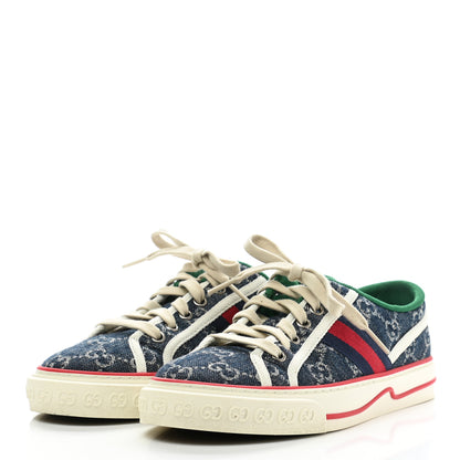 Gucci New Denim GG Monogram Web Womens 1977 Tennis Sneakers 37 Blue Tea Mystic White 3 of 9