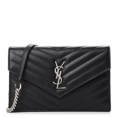 Saint Laurent Grain De Poudre Matelasse Chevron Monogram Envelope Chain Wallet Black 1 of 12