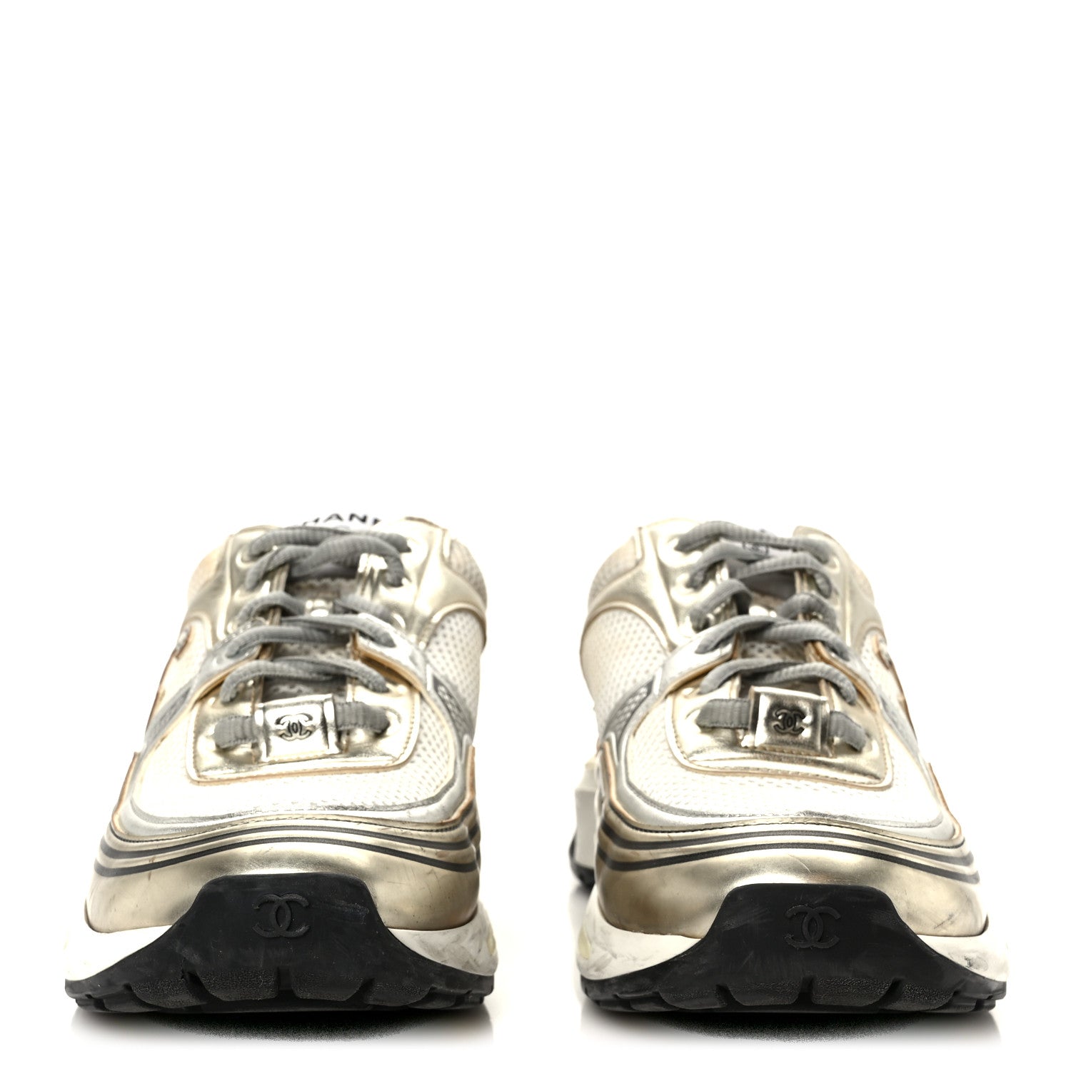 Chanel Fabric Laminated Calfskin Stretch CC Sneakers 39.5 White Gold Silver 3 of 10