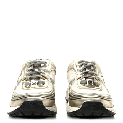 Chanel Fabric Laminated Calfskin Stretch CC Sneakers 39.5 White Gold Silver 3 of 10