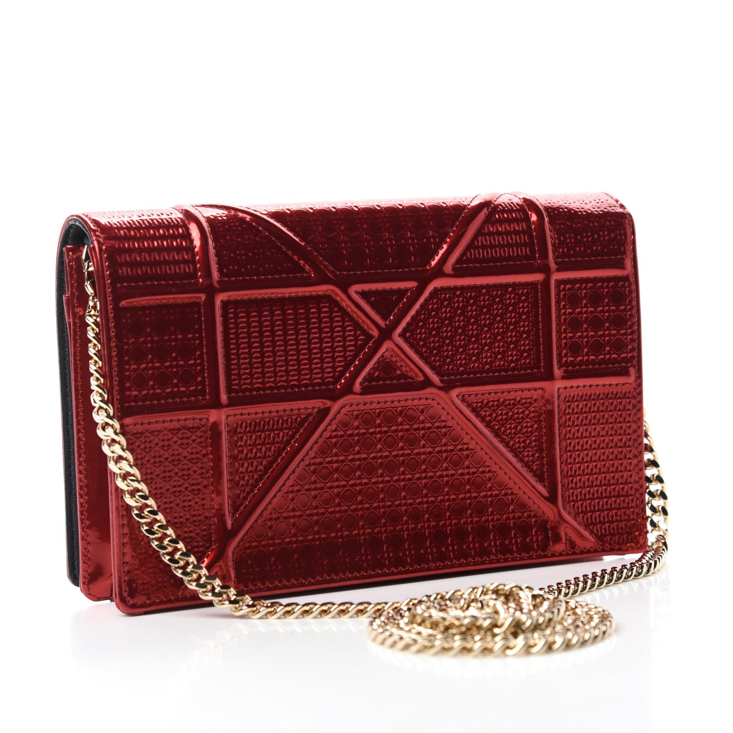 Christian Dior Metallic Patent Micro-Cannage Diorama Wallet on Chain Pouch Red 3 of 10