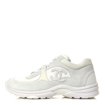 Chanel Suede Calfskin Fabric CC Sneakers 40.5 White 1 of 6