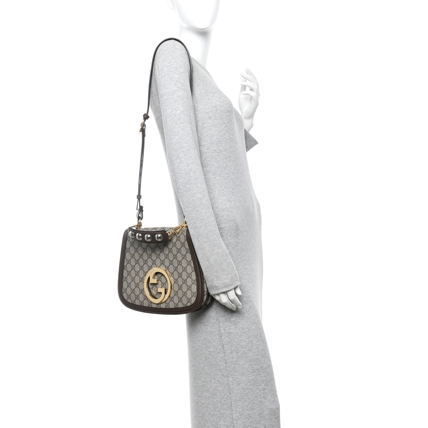 Gucci GG Supreme Monogram Textured Dollar Calfskin Web Medium Blondie Top Handle Shoulder Flap Bag Beige Ebony New Acero 3 of 19