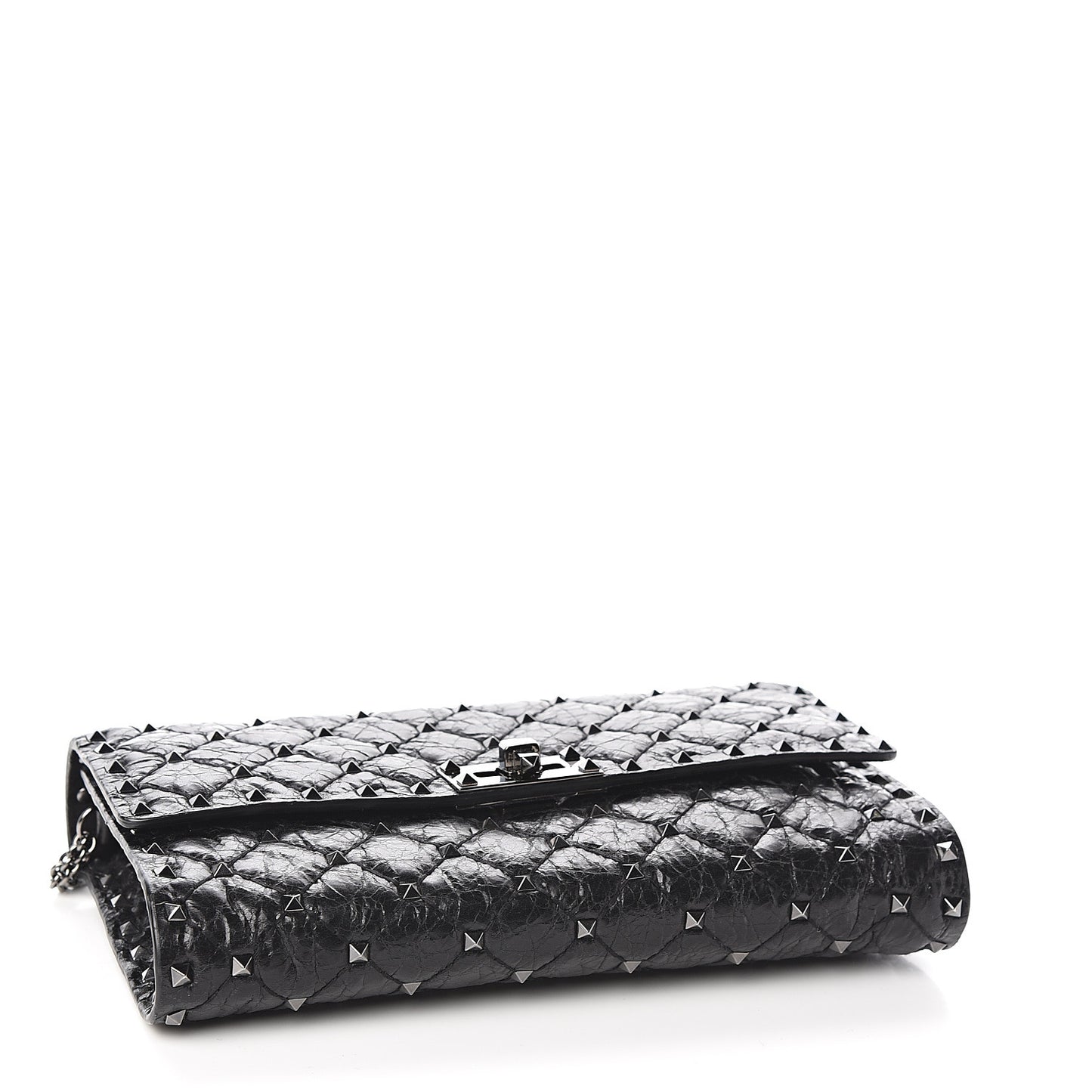 Craquele Nappa Rockstud Spike Wallet on Chain Black