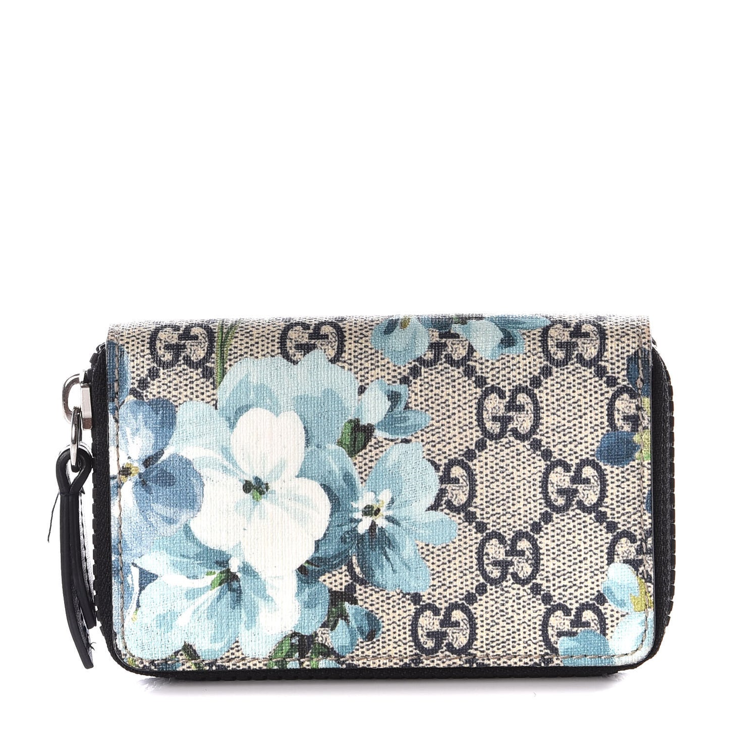 GG Supreme Monogram Blooms Zip Around Card Case Wallet Beige Blue Navy