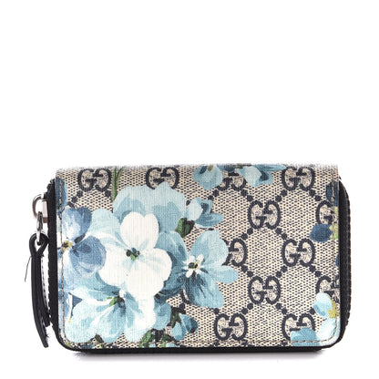 Gucci GG Supreme Monogram Blooms Zip Around Card Case Wallet Beige Blue Navy 1 of 9