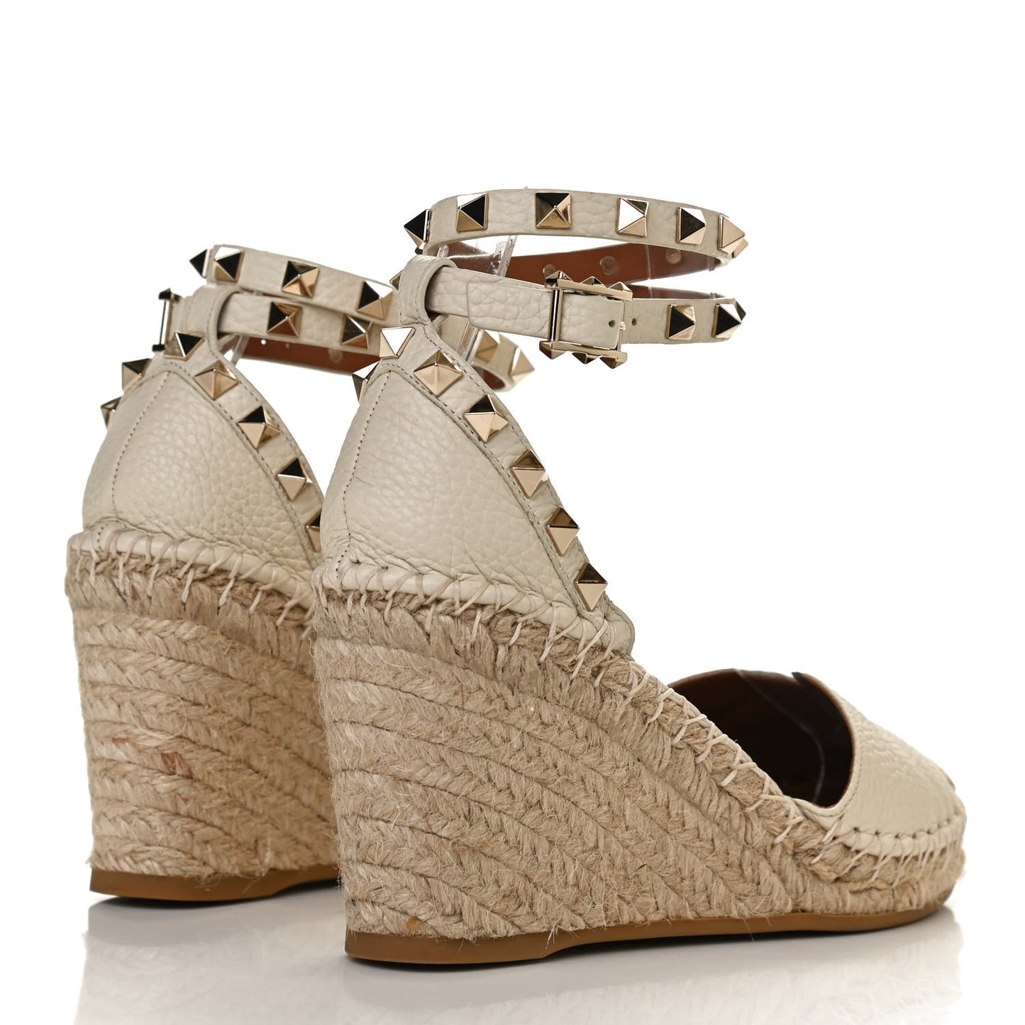 Grained Calfskin Rockstud Ankle Wrap Espadrille 15/85mm Wedges 35 Light Ivory