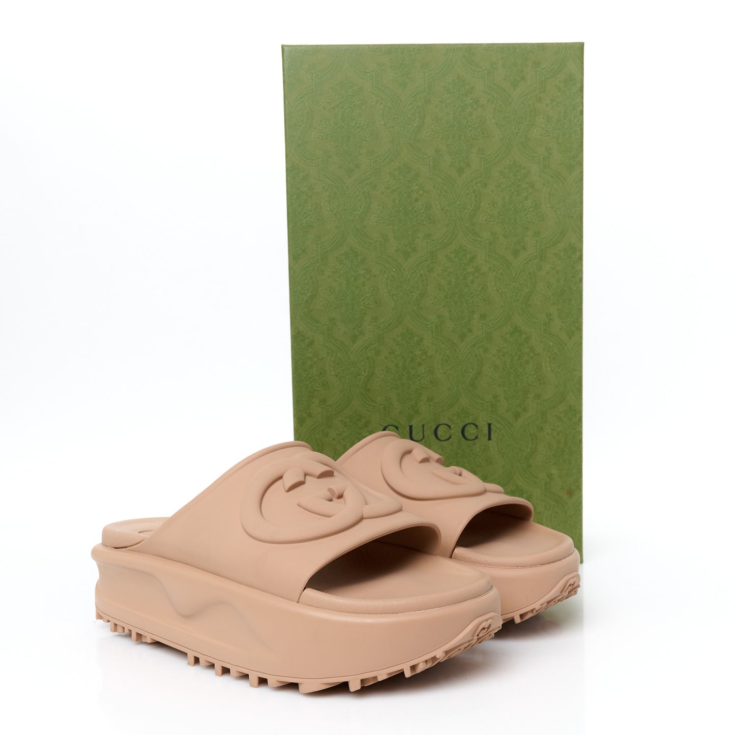 Soft Rubber Womens Interlocking G Platform 42mm Slide Sandals 38 Vintage Camel