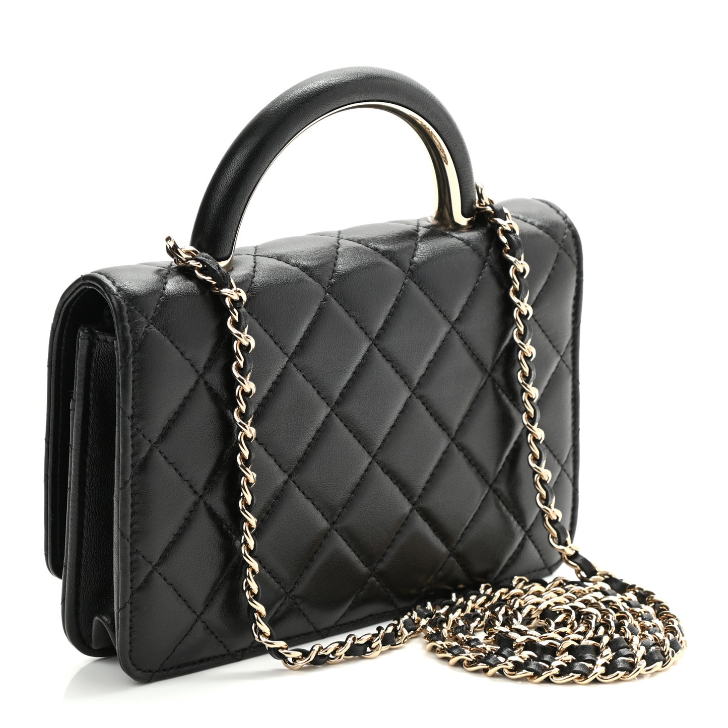 Lambskin Quilted Top Handle Wallet On Chain WOC Black