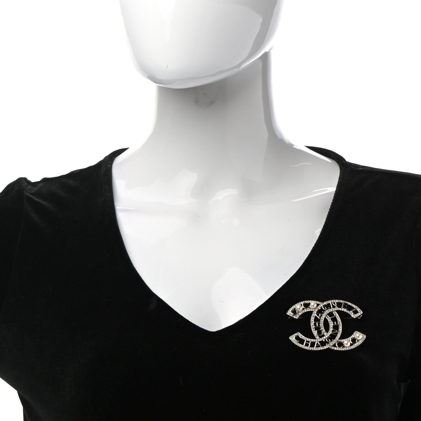 Crystal Pearl Coco CC Logo Brooch Gold