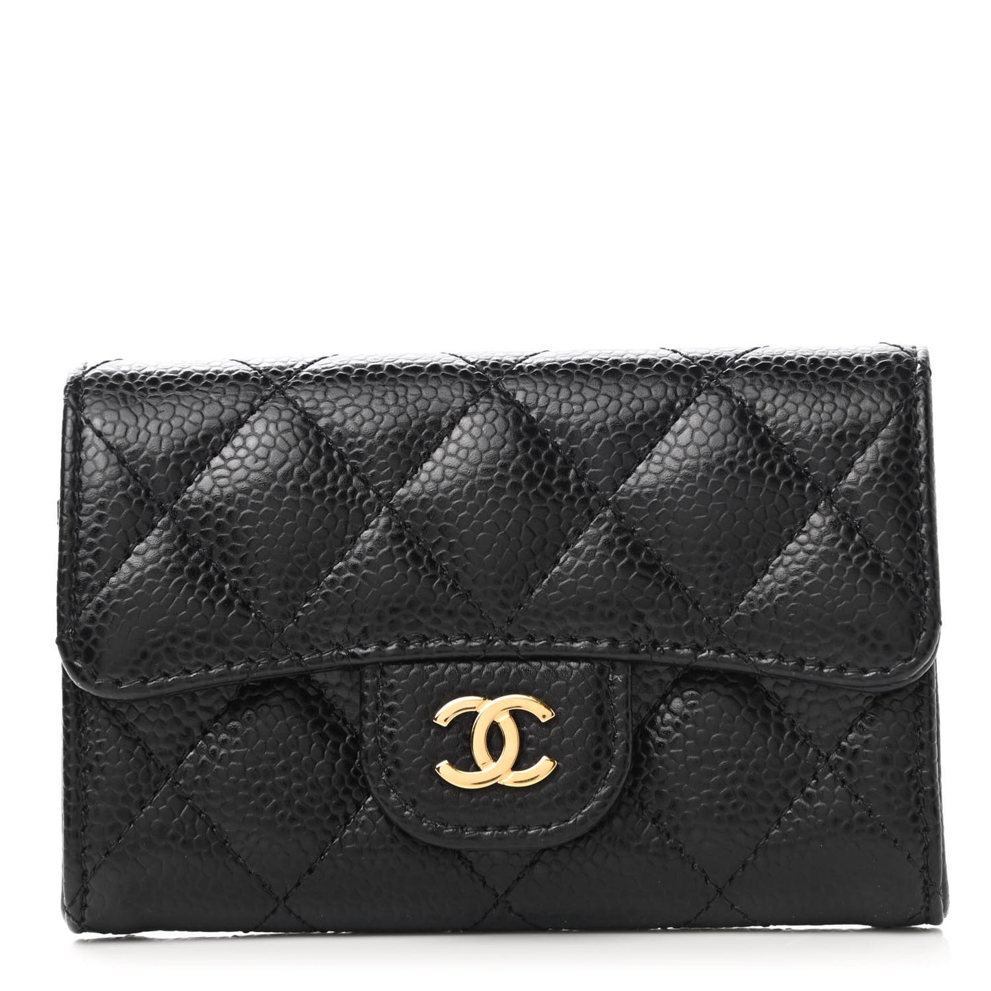 Caviar Quilted Flap Card Holder Wallet Black