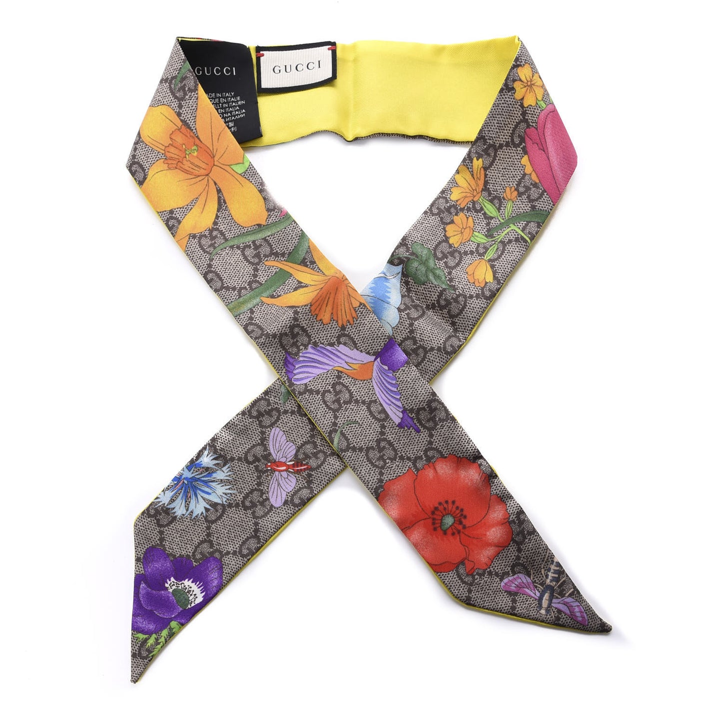 Silk Twill GG Monogram Special Flory Neck Bow Scarf Beige Yellow