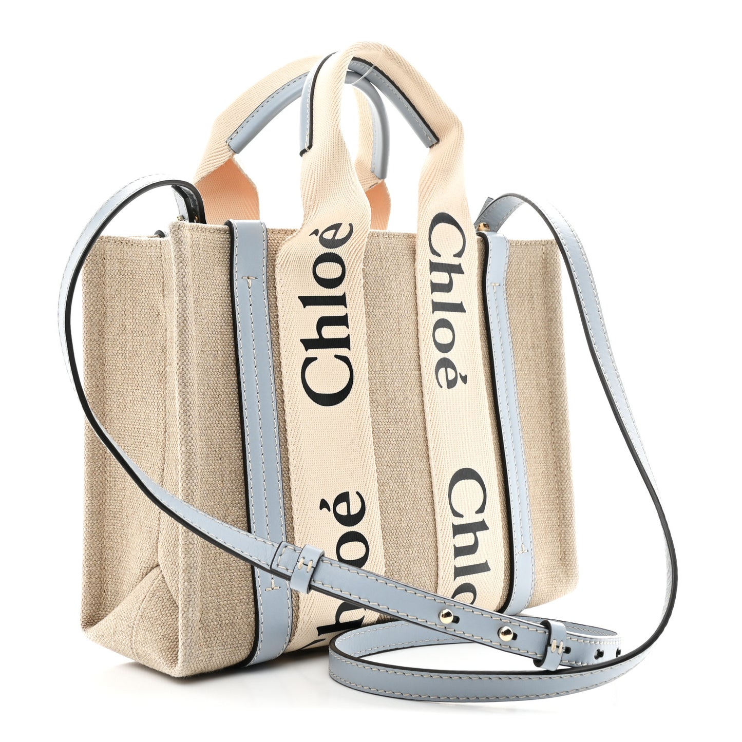 Cotton Calfskin Small Woody Ribbon Tote With Strap Light Blue