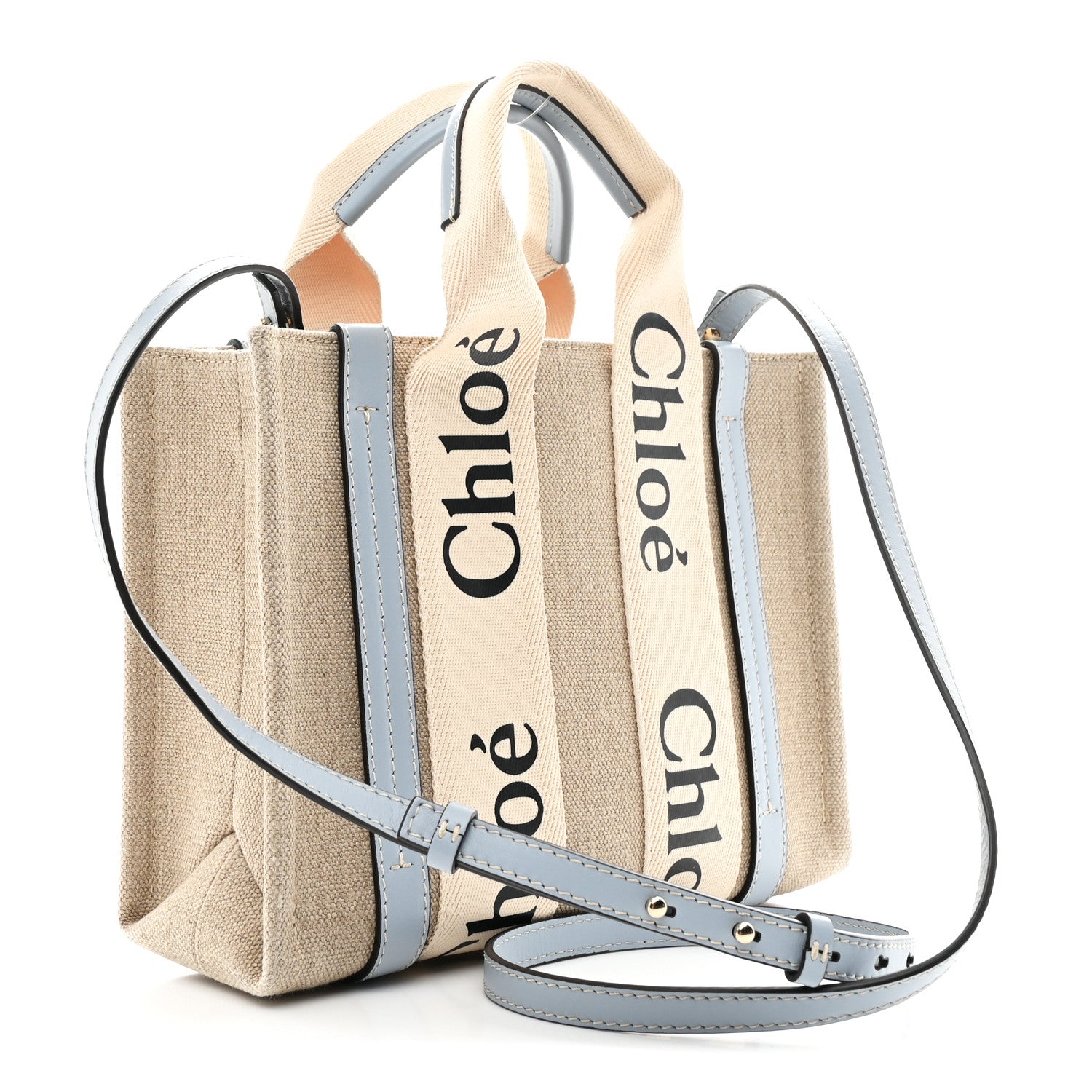 Chloe Cotton Calfskin Small Woody Ribbon Tote With Strap Light Blue 3 of 13