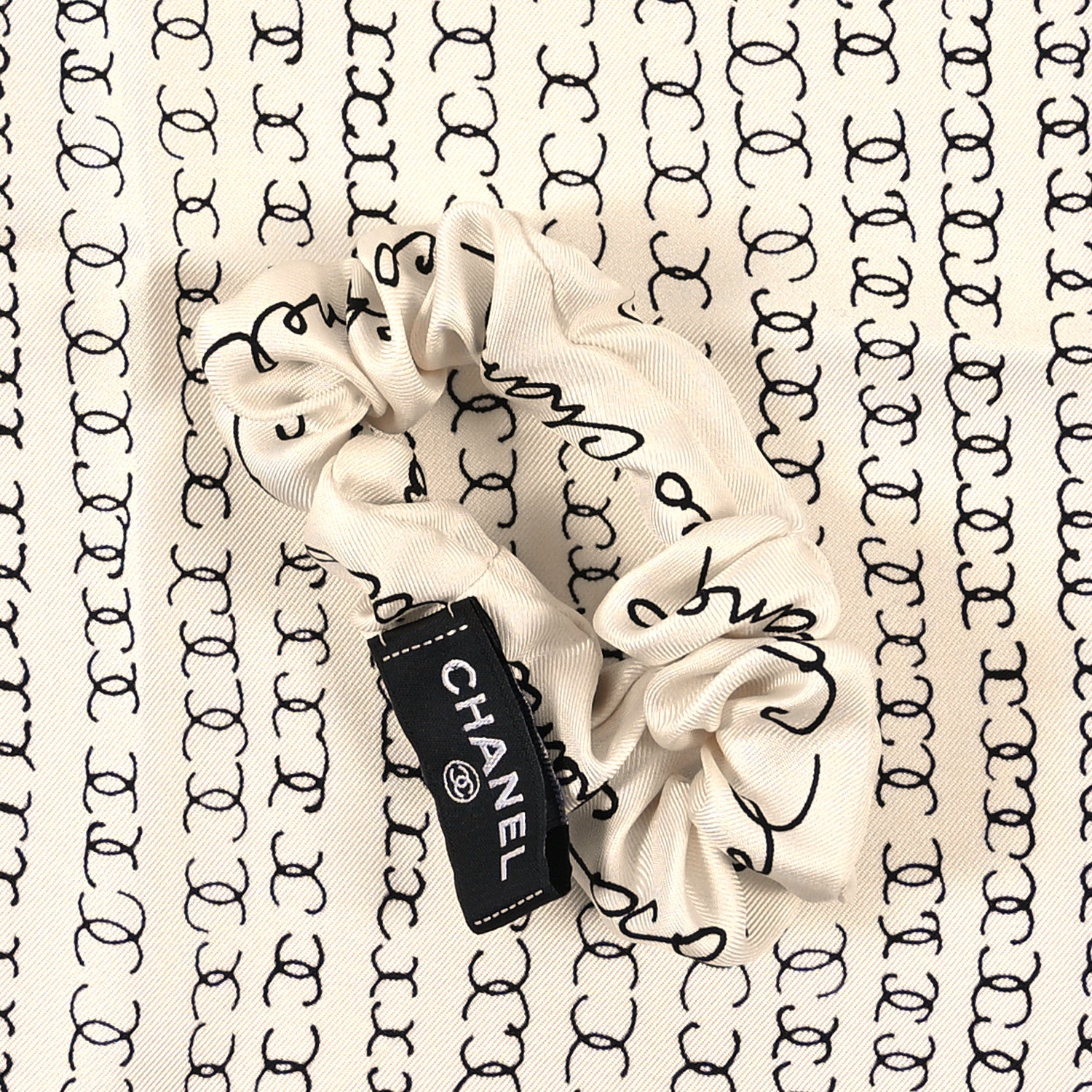 Chanel Silk Twill Square Scarf Hair Tie White Black 3 of 5