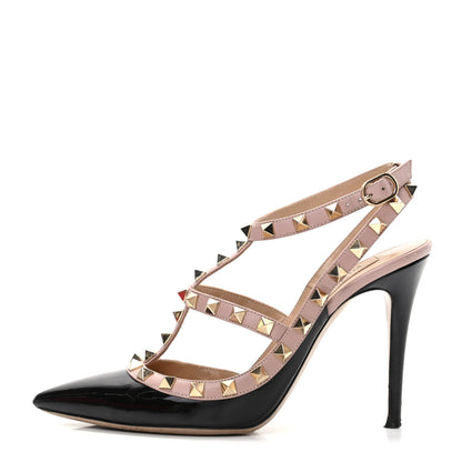 Valentino Garavani Patent Nappa Rockstud Ankle Strap 100mm Pumps 37 Black Poudre 1 of 10