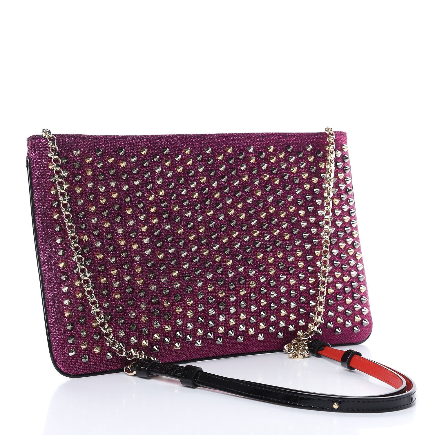 Christian Louboutin Metallic Raffia Studded Loubiposh Chain Clutch Magenta 3 of 8