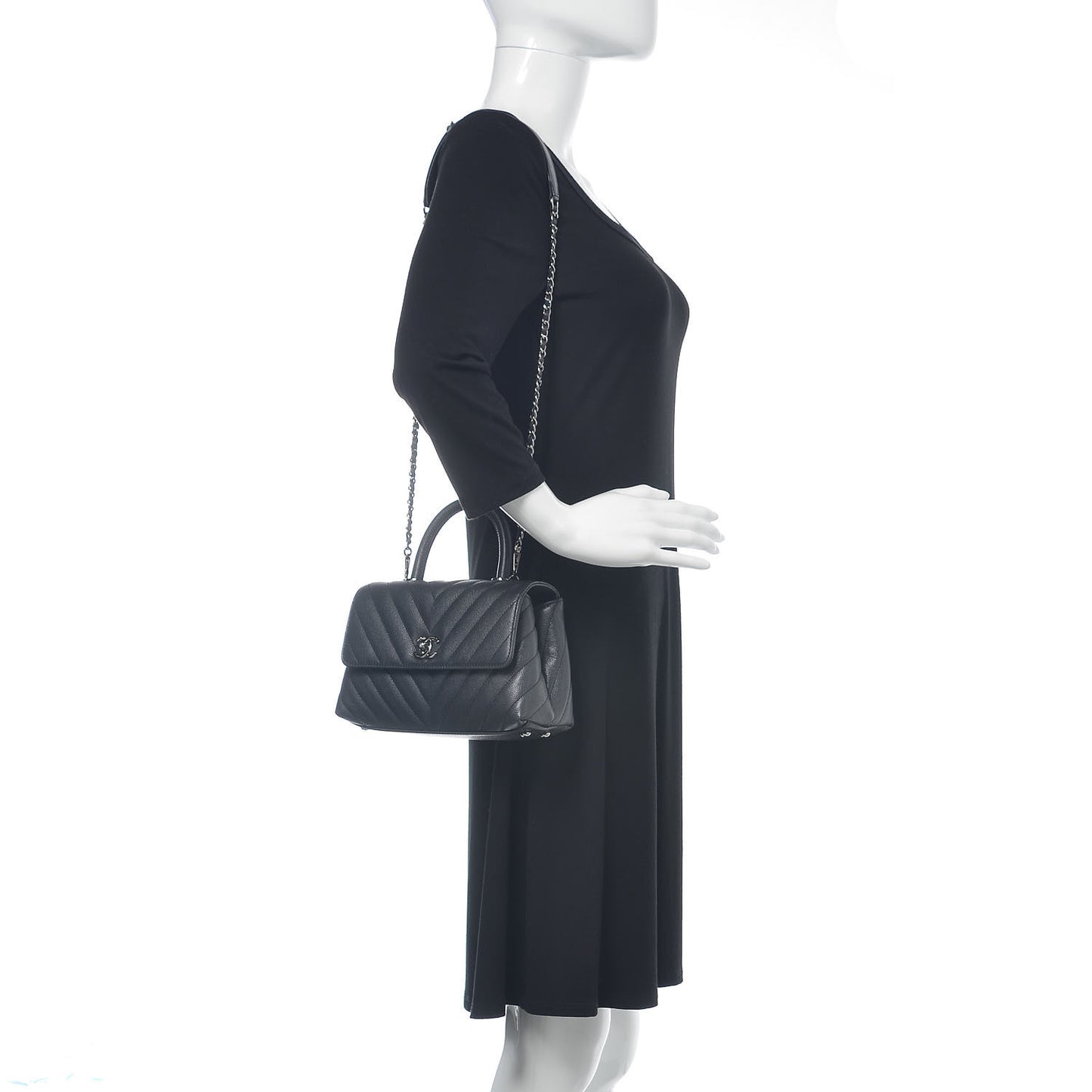 Caviar Chevron Quilted Mini Coco Handle Flap Dark Grey