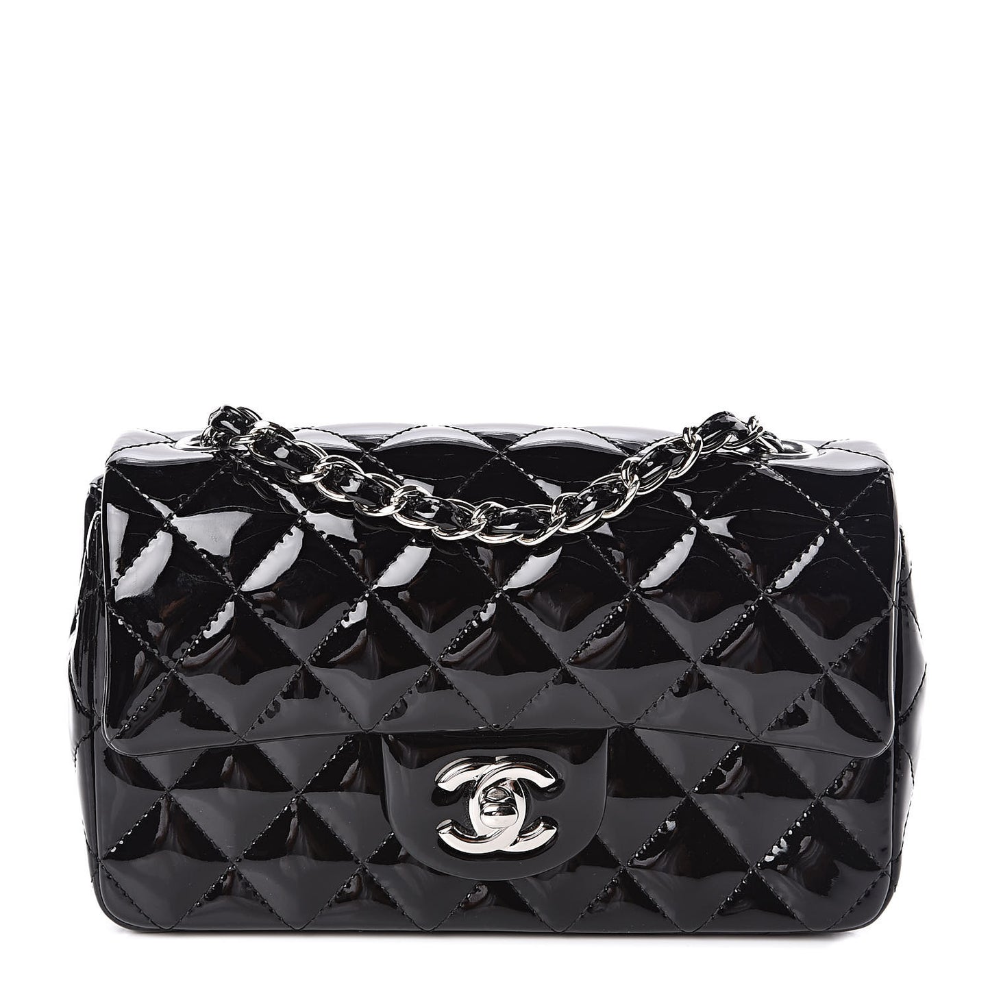Patent Calfskin Quilted Mini Rectangular Flap Black