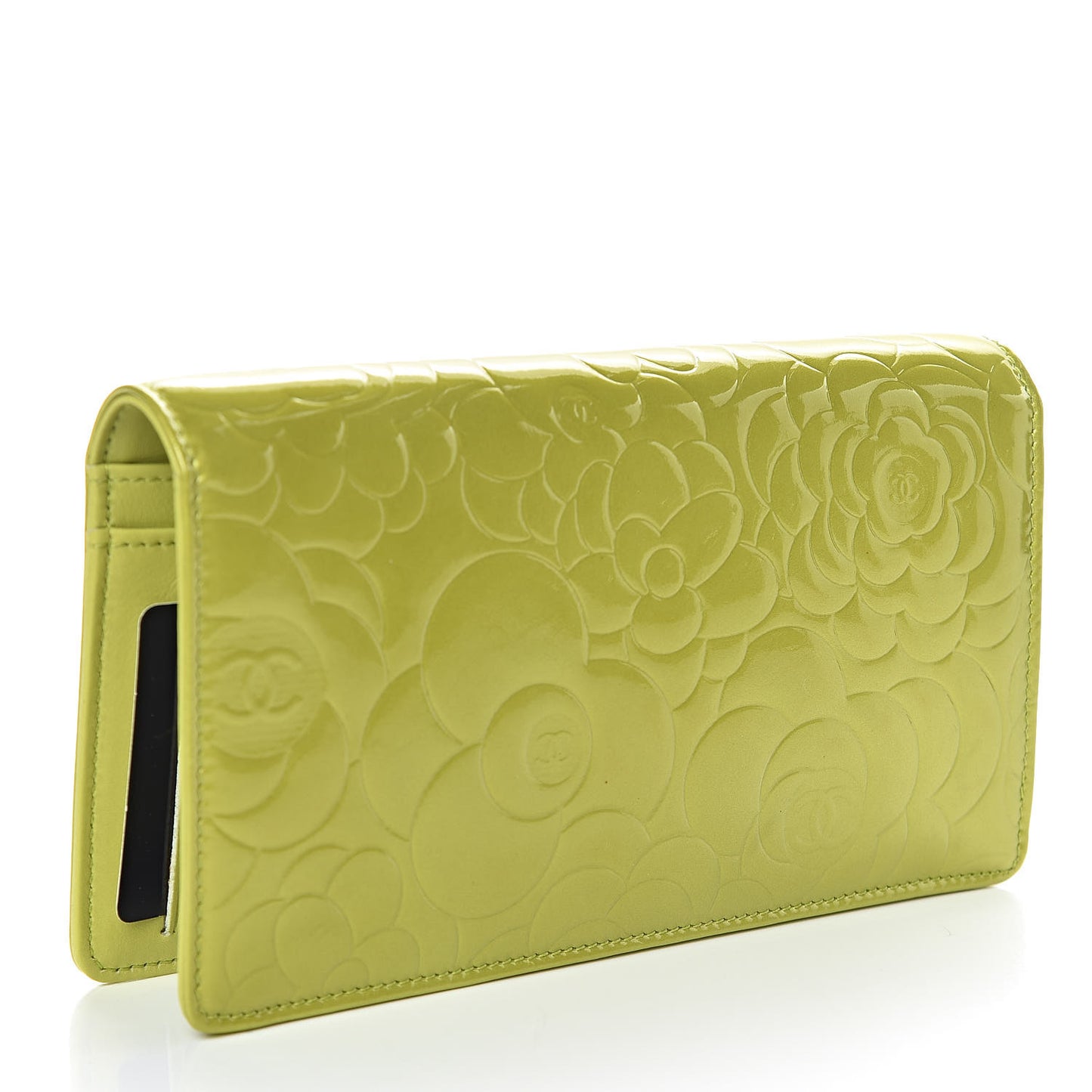 Patent Camellia Embossed Yen Wallet Green