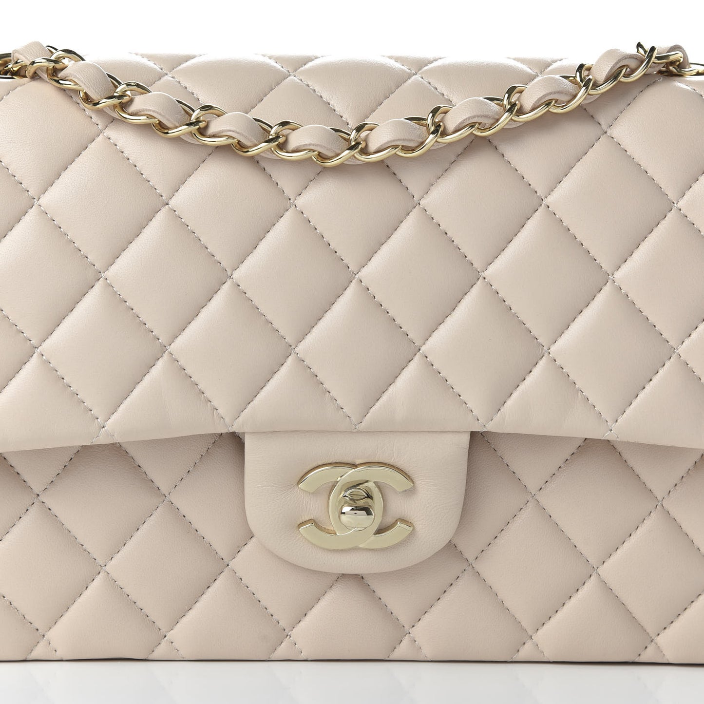 Lambskin Quilted Medium Double Flap Beige