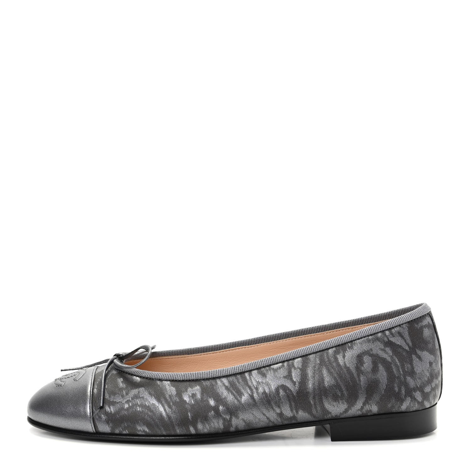 Chanel Metallic Lambskin Camellia CC Cap Toe Ballerina Flats 36.5 Dark Grey 1 of 11