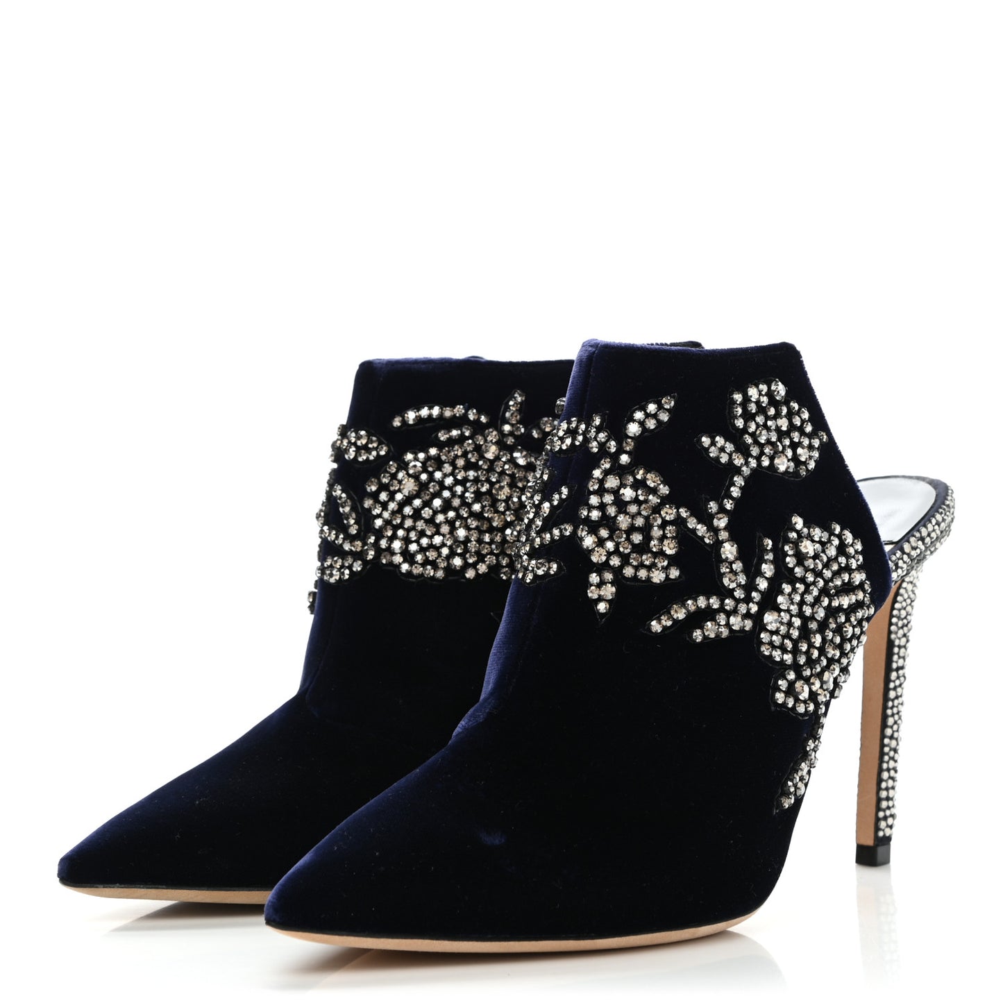 Velvet Crystal Peony Embellished Caroline High Heel Mules 37.5 Dark Blue