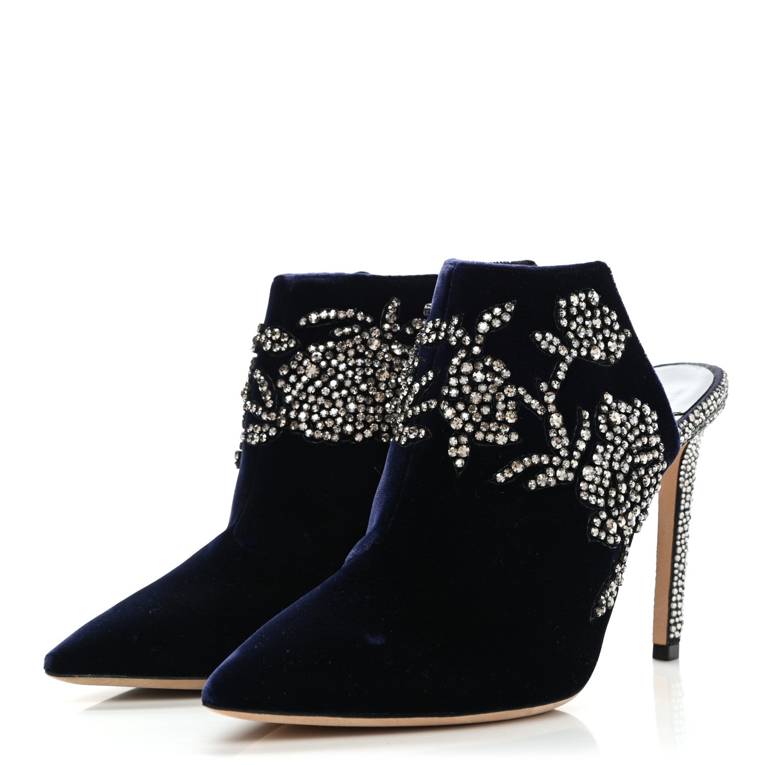 Jimmy Choo Velvet Crystal Peony Embellished Caroline High Heel Mules 37.5 Dark Blue 3 of 7