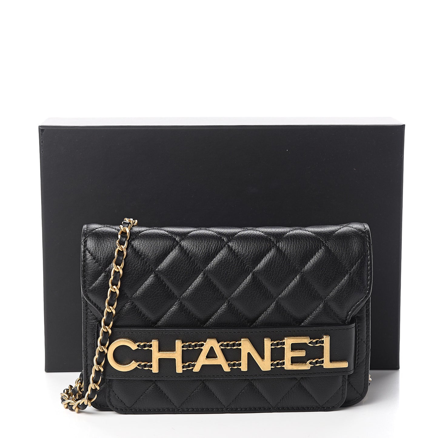 Calfskin Quilted Logo Wallet On Chain WOC Black