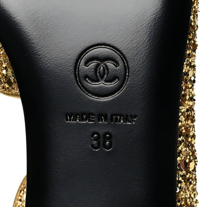 Chanel Glitter Grosgrain Cap Toe CC Ankle Wrap Pumps 38 Gold Black 8 of 8