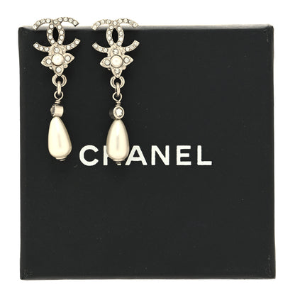 Chanel Crystal Pearl Flower CC Drop Earrings Silver 5 of 5