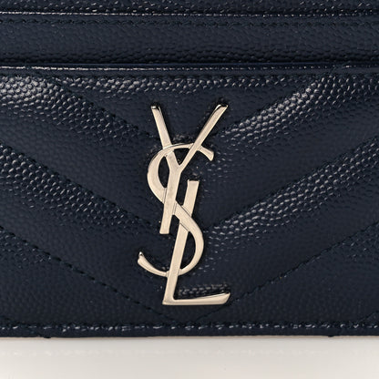 Saint Laurent Grain De Poudre Matelasse Monogram Chevron Credit Card Case Deep Marine 6 of 9