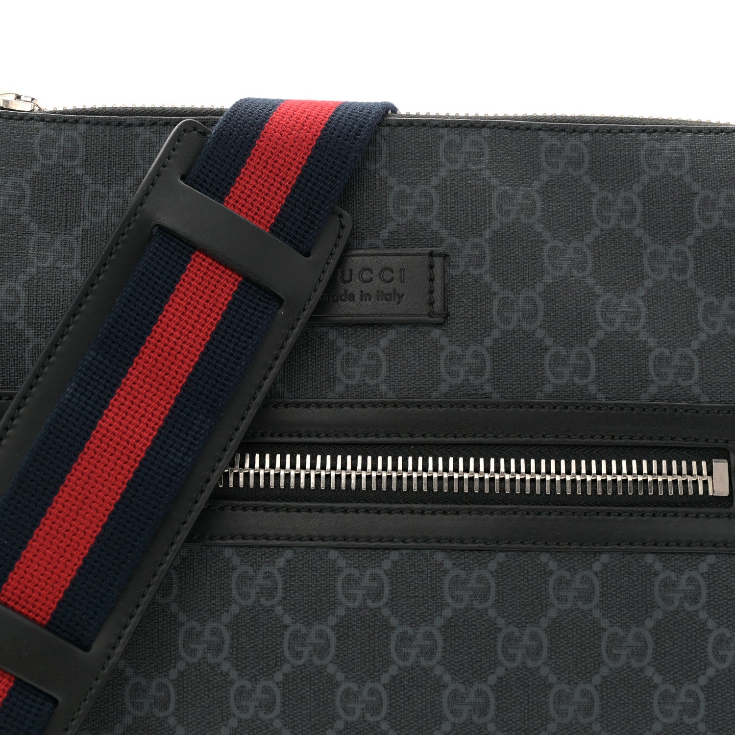 Gucci GG Supreme Monogram Appia Calfskin Web Flat Messenger Bag Black Grey 8 of 10