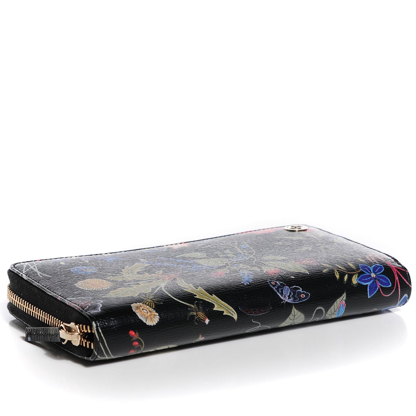 Shangai Calfskin Flora Knight Zip Around Wallet Black