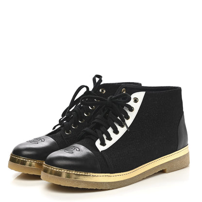 Chanel Tweed Calfskin CC Lace Up Short Boots 39 Black Gold 3 of 9