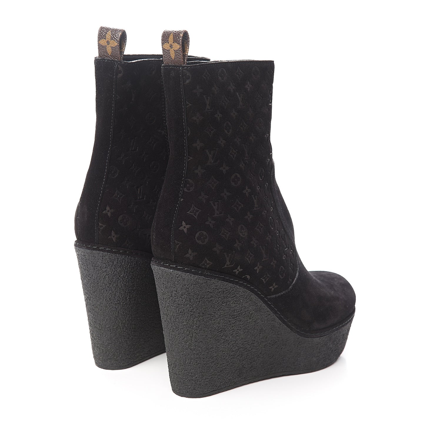 Monogram Embossed Suede Wedge Low Boots 38.5 Black