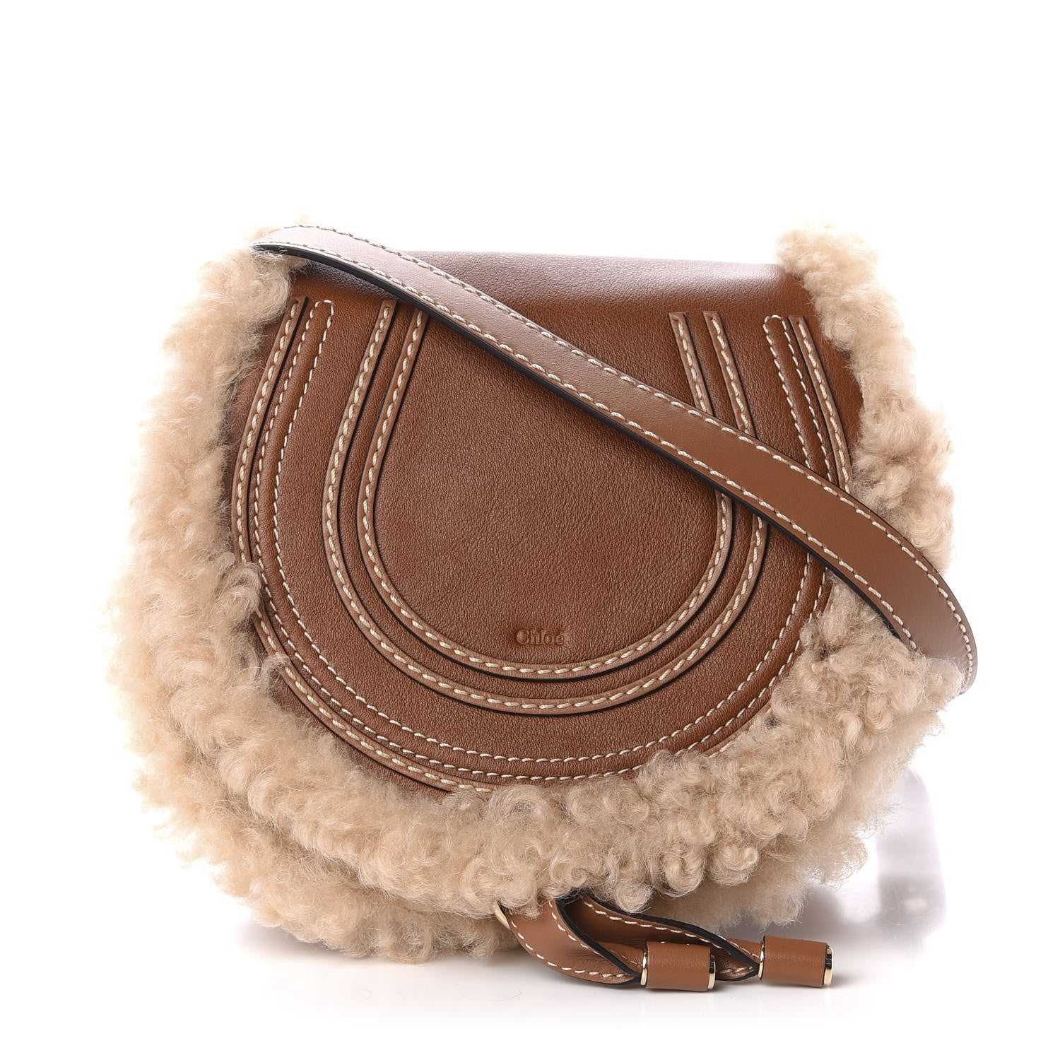 Chloe Small Grain Shiny Calfskin Shearling Small Marcie Round Crossbody Bag Caramel 1 of 10