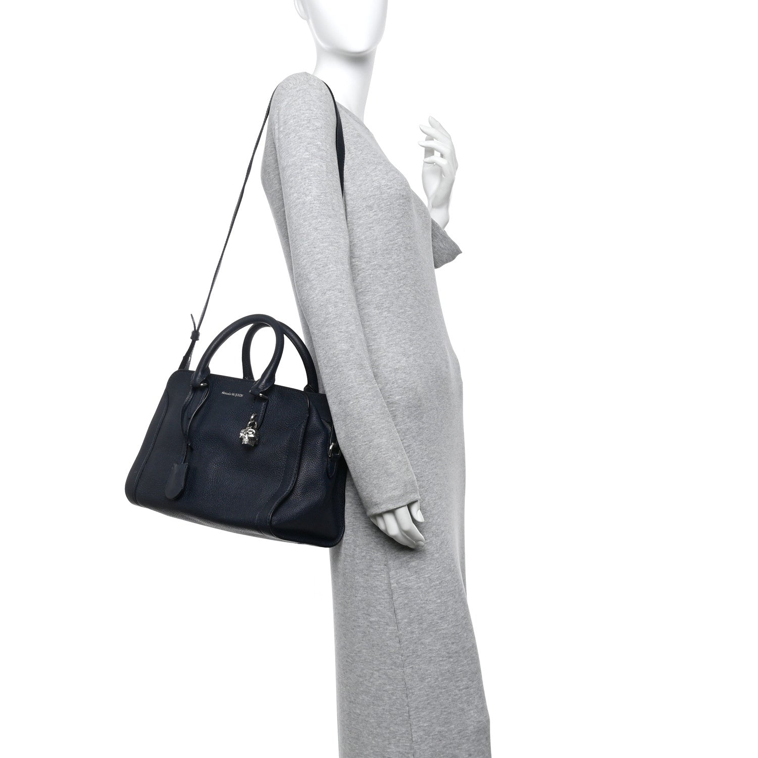 Alexander McQueen Pebbled Calfskin Small Skull Padlock Zip Around Tote Navy 2 of 10